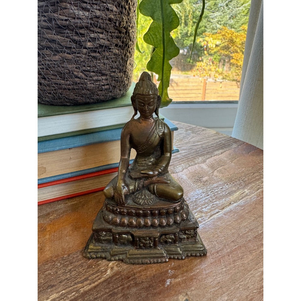 Vintage Brass Bronze Seated Buddha Statue 4.5" Meditating Figure Aged Patina